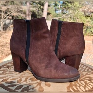 Franco Sarto Brown Burnished Suede Stacked Heel Side Zip Ankle Boots Size 4.5